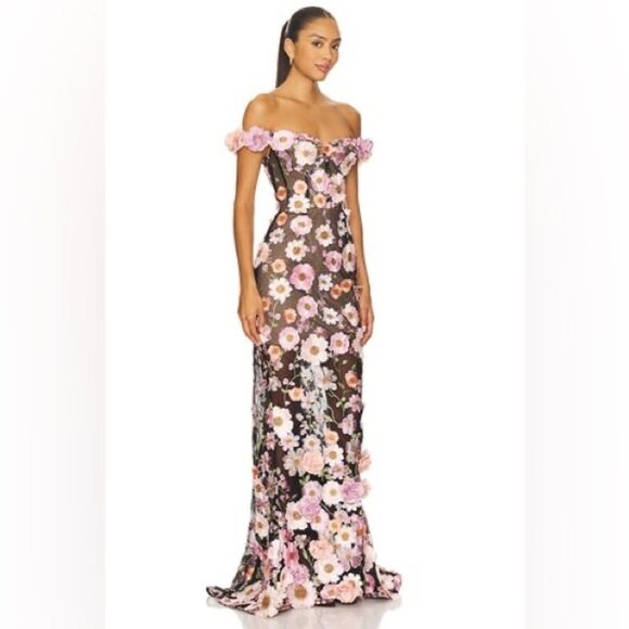 NWOT Bronx and Banco Jasmine Black Multi Off Shoulder Gown - Picture 2 of 16
